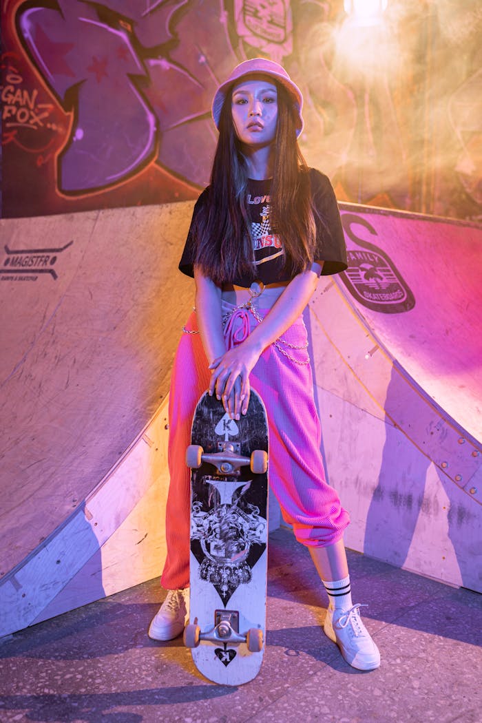 Trendy young woman skater striking a confident pose in an urban skate park setting with vibrant graffiti.